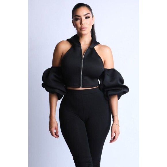 Boutique Tops - Women's Cold Shoulder Puff Sleeve Crop Top With Hoodie And Matching Pants Set